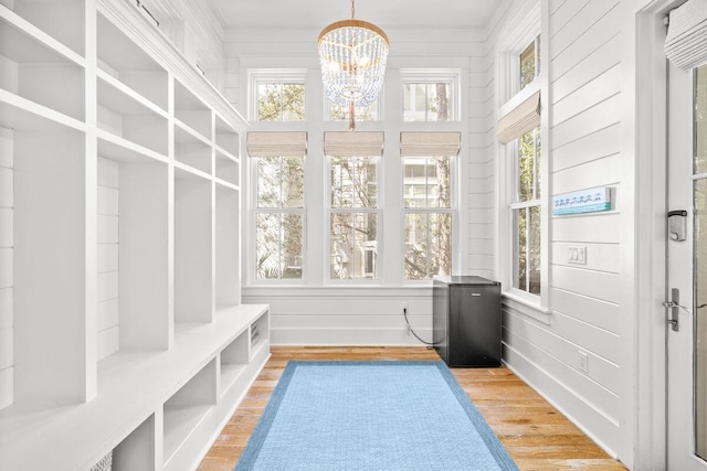 mudroom with an inviting chandelier, plenty of natural light, and light wood-type flooring