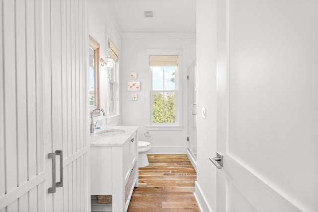 bathroom with vanity, wood finished floors, visible vents, baseboards, and toilet