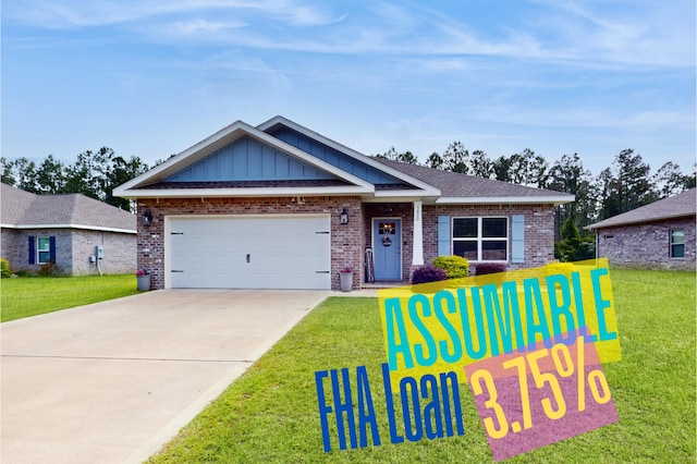 view of front of home featuring concrete driveway, an attached garage, a front yard, board and batten siding, and brick siding