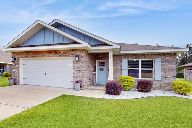 view of front of property with brick siding, board and batten siding, a garage, driveway, and a front lawn