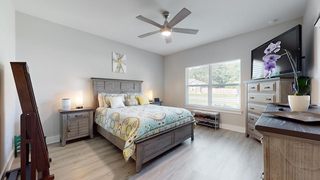 bedroom featuring light wood-type flooring, ceiling fan, and baseboards