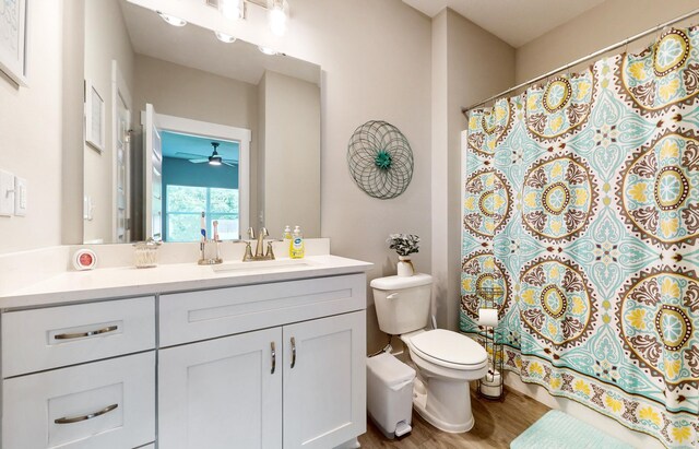 full bath featuring toilet, curtained shower, wood finished floors, and vanity