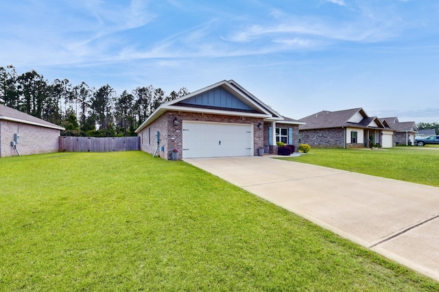 ranch-style house featuring board and batten siding, a garage, a front lawn, and concrete driveway