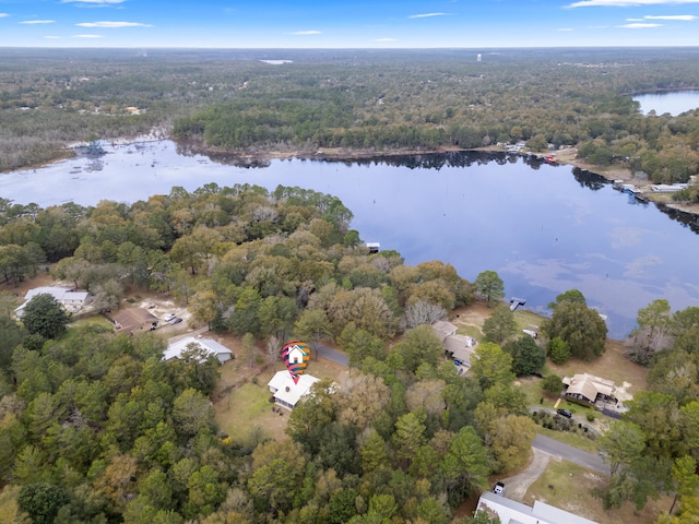 aerial view with a water view and a view of trees