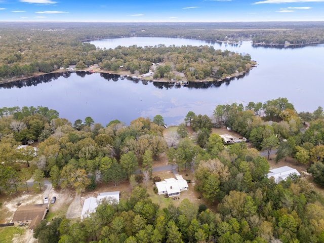 bird's eye view with a forest view and a water view