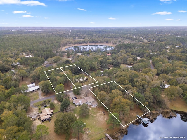 drone / aerial view featuring a water view and a view of trees