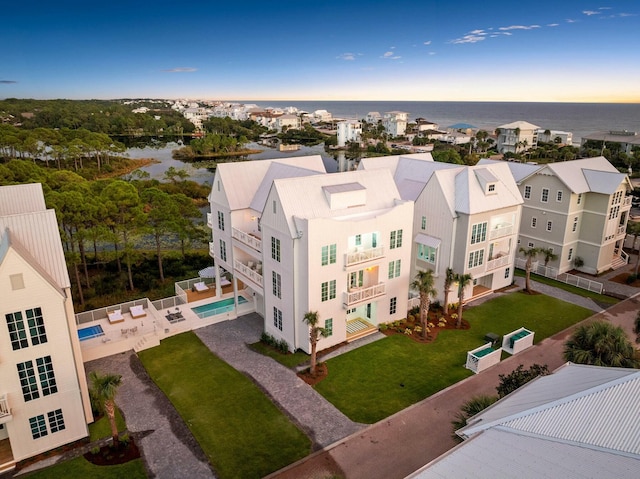 aerial view featuring a water view