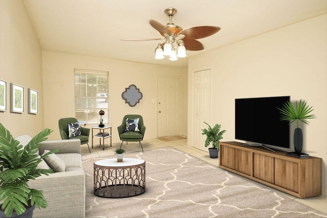 living room featuring ceiling fan and tile patterned floors