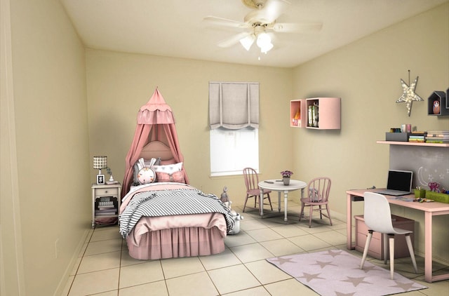 tiled bedroom featuring a ceiling fan and baseboards