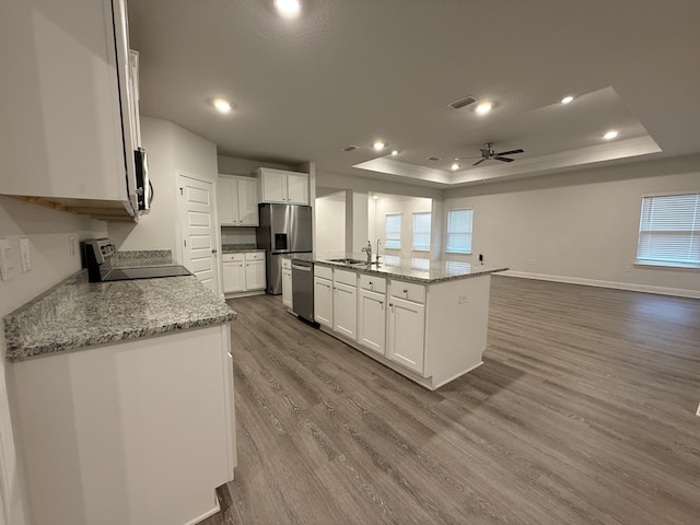 kitchen featuring visible vents, appliances with stainless steel finishes, wood finished floors, a raised ceiling, and a sink