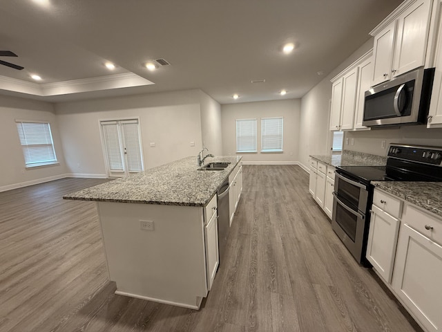 kitchen with a sink, stainless steel appliances, white cabinets, a raised ceiling, and dark wood-style flooring