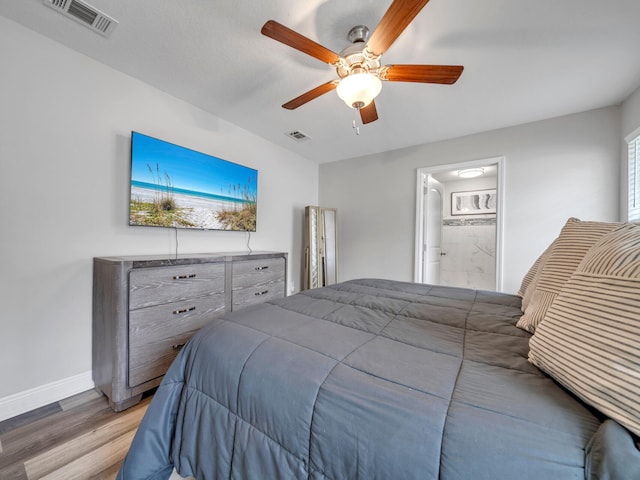 bedroom with visible vents, ceiling fan, light wood-style flooring, and baseboards