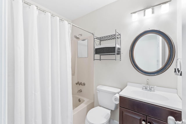 full bathroom featuring vanity, toilet, and shower / bathtub combination with curtain