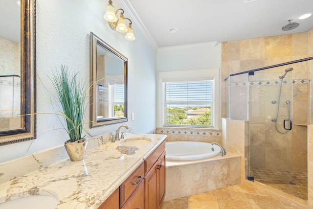 bathroom with ornamental molding, a garden tub, a healthy amount of sunlight, a shower stall, and a sink