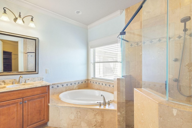 full bath with ornamental molding, a garden tub, a shower stall, and vanity