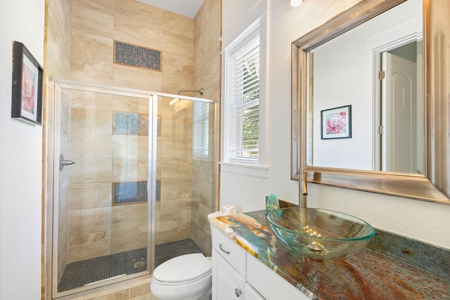 bathroom with toilet, a stall shower, and vanity