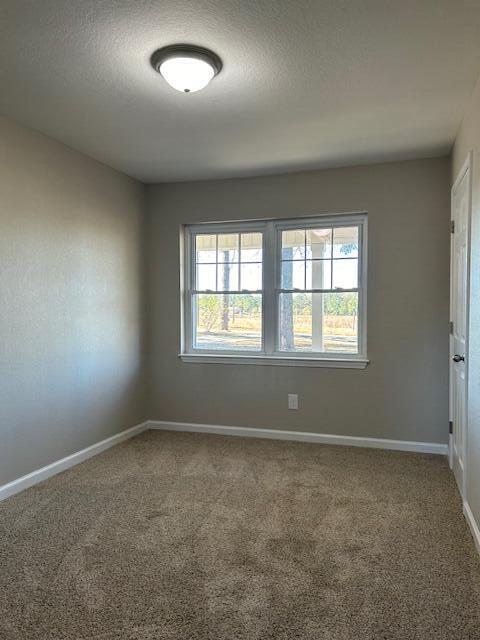 carpeted spare room featuring a textured ceiling and baseboards