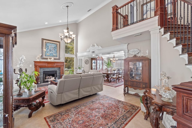 tiled living room featuring crown molding, a notable chandelier, a fireplace, and high vaulted ceiling