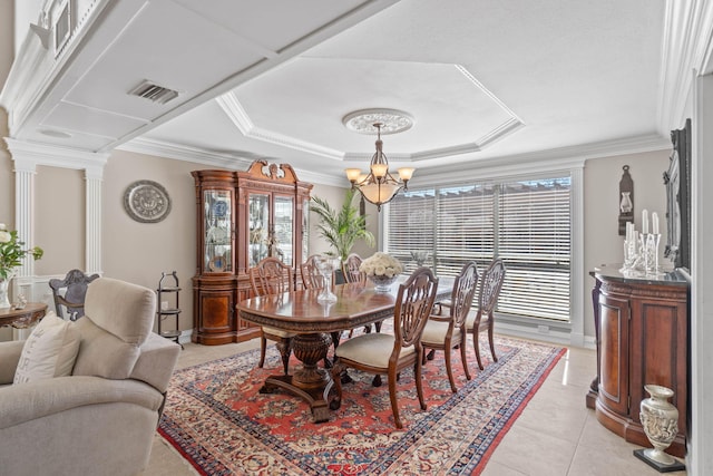 dining room featuring light tile patterned floors, visible vents, an inviting chandelier, ornamental molding, and a raised ceiling