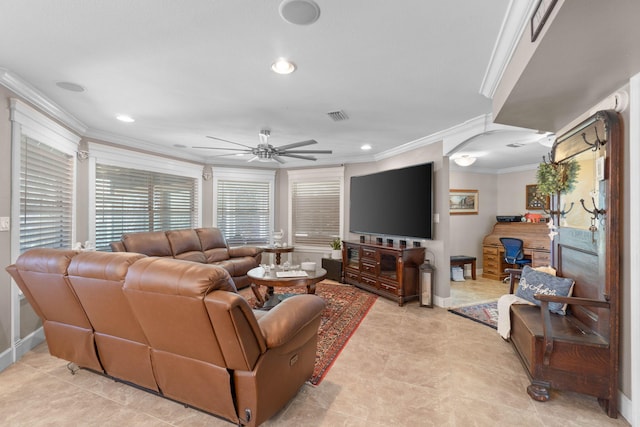 living area with ceiling fan, recessed lighting, visible vents, and ornamental molding