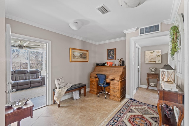 home office with crown molding, light tile patterned floors, visible vents, and ceiling fan