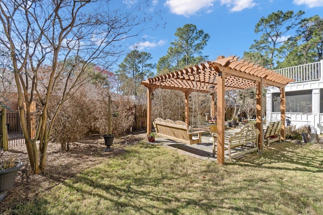 view of yard featuring a patio, a pergola, and fence