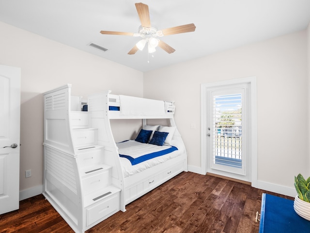 bedroom featuring visible vents, dark wood-type flooring, a ceiling fan, access to outside, and baseboards