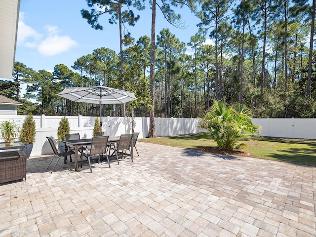 view of patio with outdoor dining area and a fenced backyard