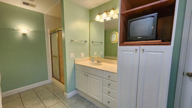 bathroom featuring vanity, a stall shower, tile patterned flooring, and visible vents