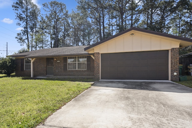 single story home with brick siding, board and batten siding, a front lawn, a garage, and driveway