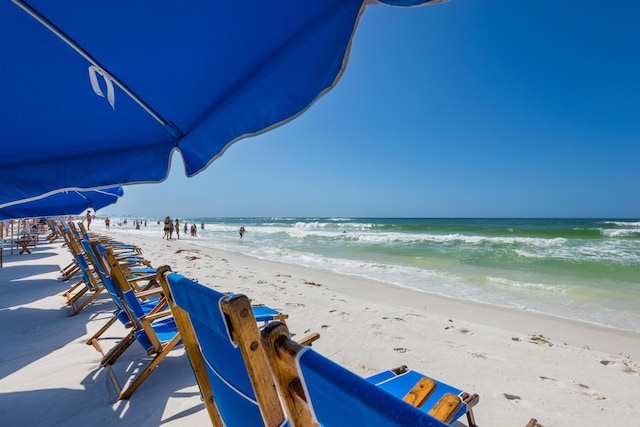 view of water feature with a beach view