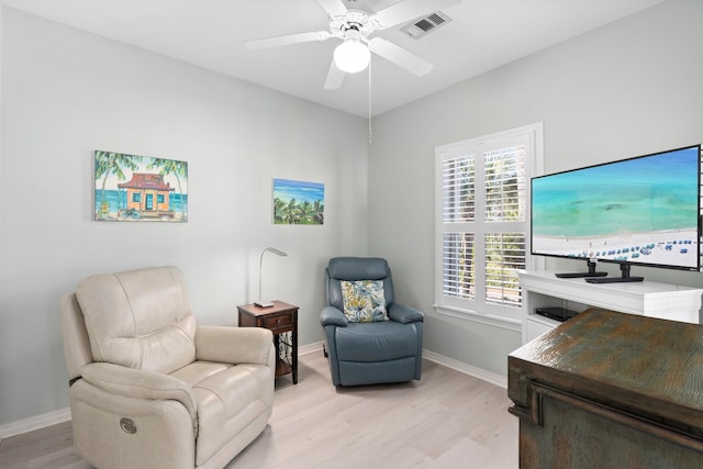 sitting room featuring ceiling fan, light wood-type flooring, visible vents, and baseboards