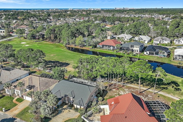 bird's eye view featuring a residential view, golf course view, and a water view