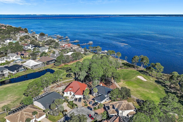 aerial view featuring a water view and a residential view