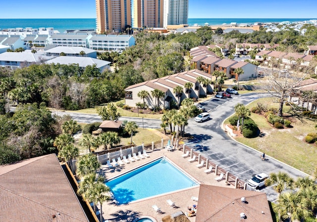 bird's eye view with a water view