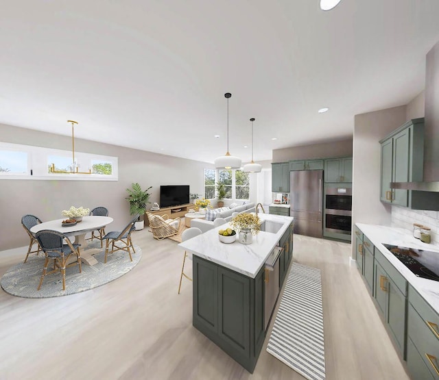 kitchen with appliances with stainless steel finishes, pendant lighting, a sink, and backsplash