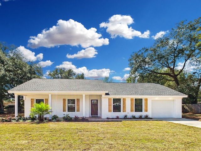 ranch-style home featuring brick siding, a garage, a front yard, and driveway