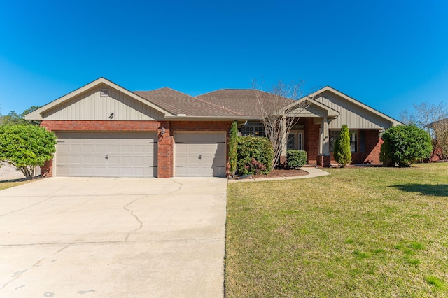 ranch-style home featuring brick siding, a shingled roof, concrete driveway, a garage, and a front lawn