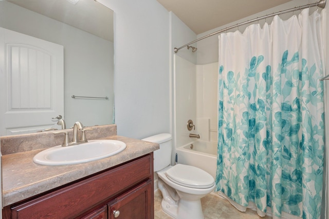 full bathroom featuring shower / bath combo with shower curtain, tile patterned flooring, vanity, and toilet