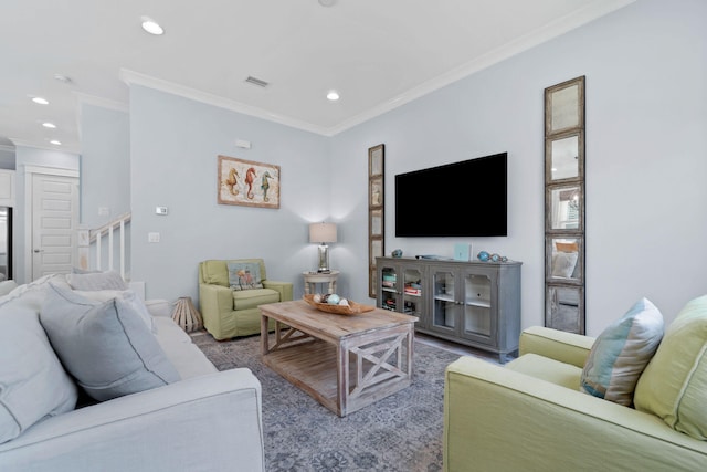 living room with visible vents, recessed lighting, stairway, and ornamental molding