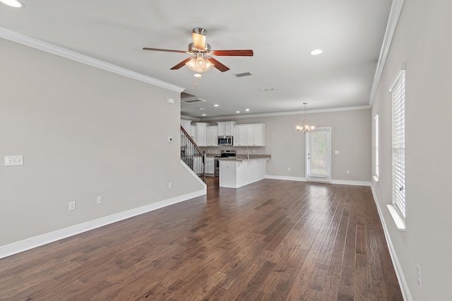 unfurnished living room featuring crown molding, recessed lighting, visible vents, dark wood-type flooring, and baseboards