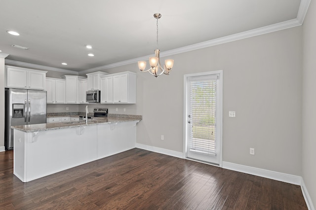 kitchen with ornamental molding, a peninsula, appliances with stainless steel finishes, and dark wood-style flooring