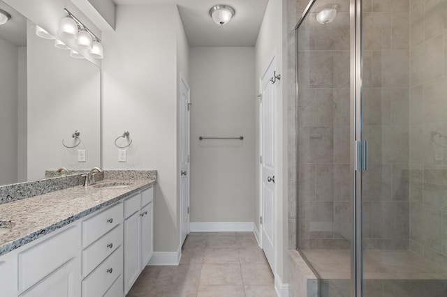 full bath featuring a stall shower, vanity, baseboards, and tile patterned floors