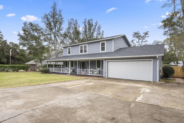 view of front of property featuring a front yard, a porch, a shingled roof, concrete driveway, and a garage