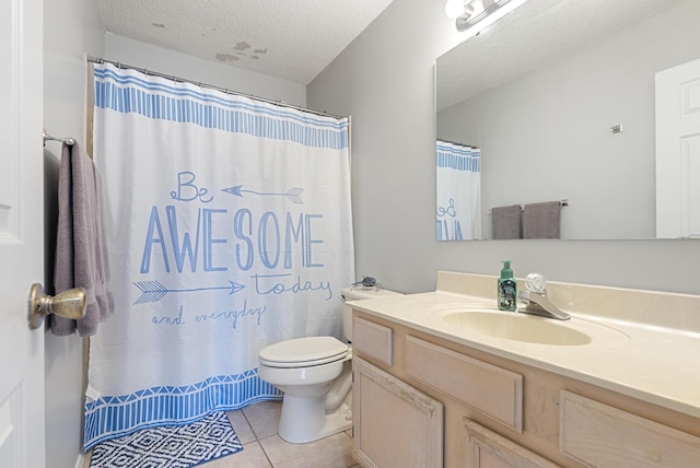 bathroom with vanity, a shower with curtain, a textured ceiling, tile patterned floors, and toilet