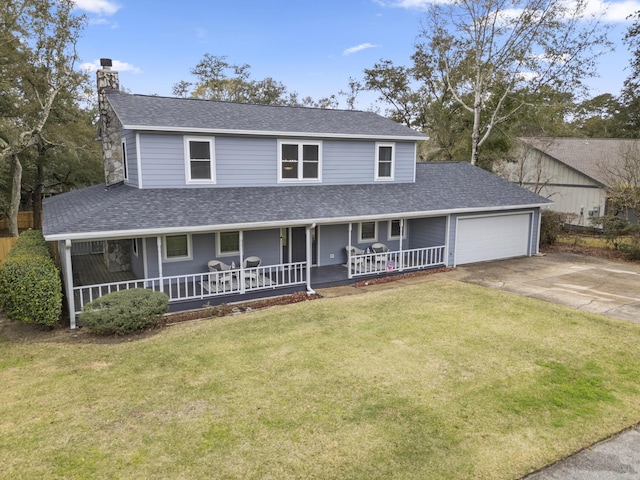 view of front of home with driveway, a front lawn, a porch, an attached garage, and a shingled roof