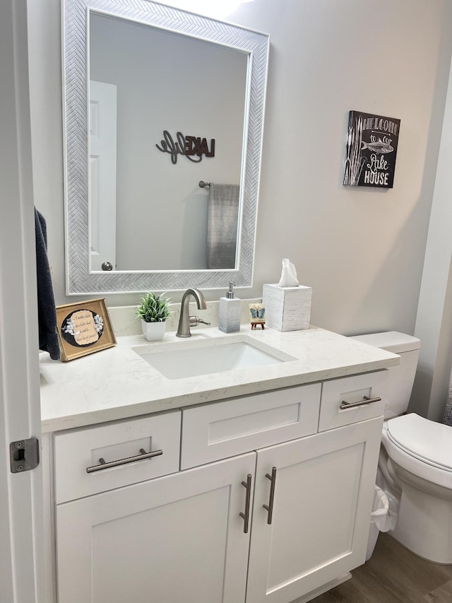 bathroom featuring toilet, wood finished floors, and vanity