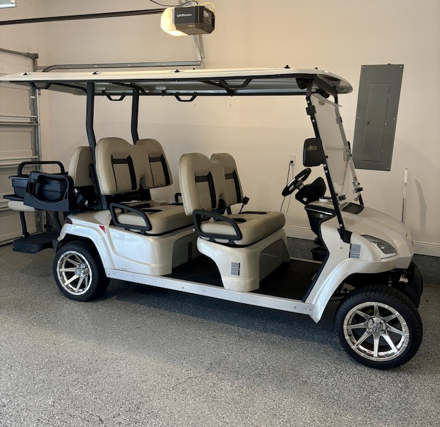 garage featuring electric panel and a garage door opener