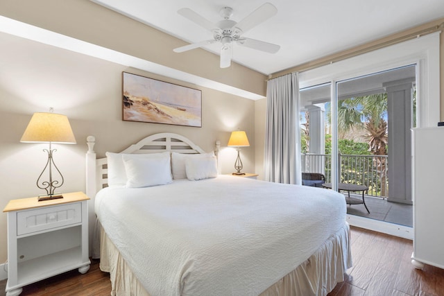 bedroom with dark wood-style flooring, ceiling fan, and access to outside