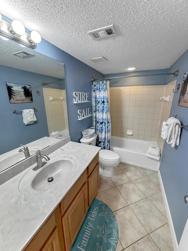 bathroom with a textured ceiling, toilet, visible vents, tile patterned floors, and shower / bathtub combination with curtain